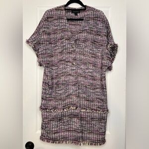 St. John Longline Tweed Fringe Knit Jacket Pink Purple Mix Size XL